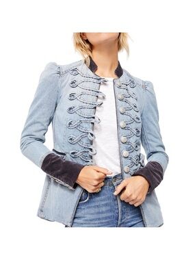 Free People Light Blue Denim Military Jacket with Dark Trim